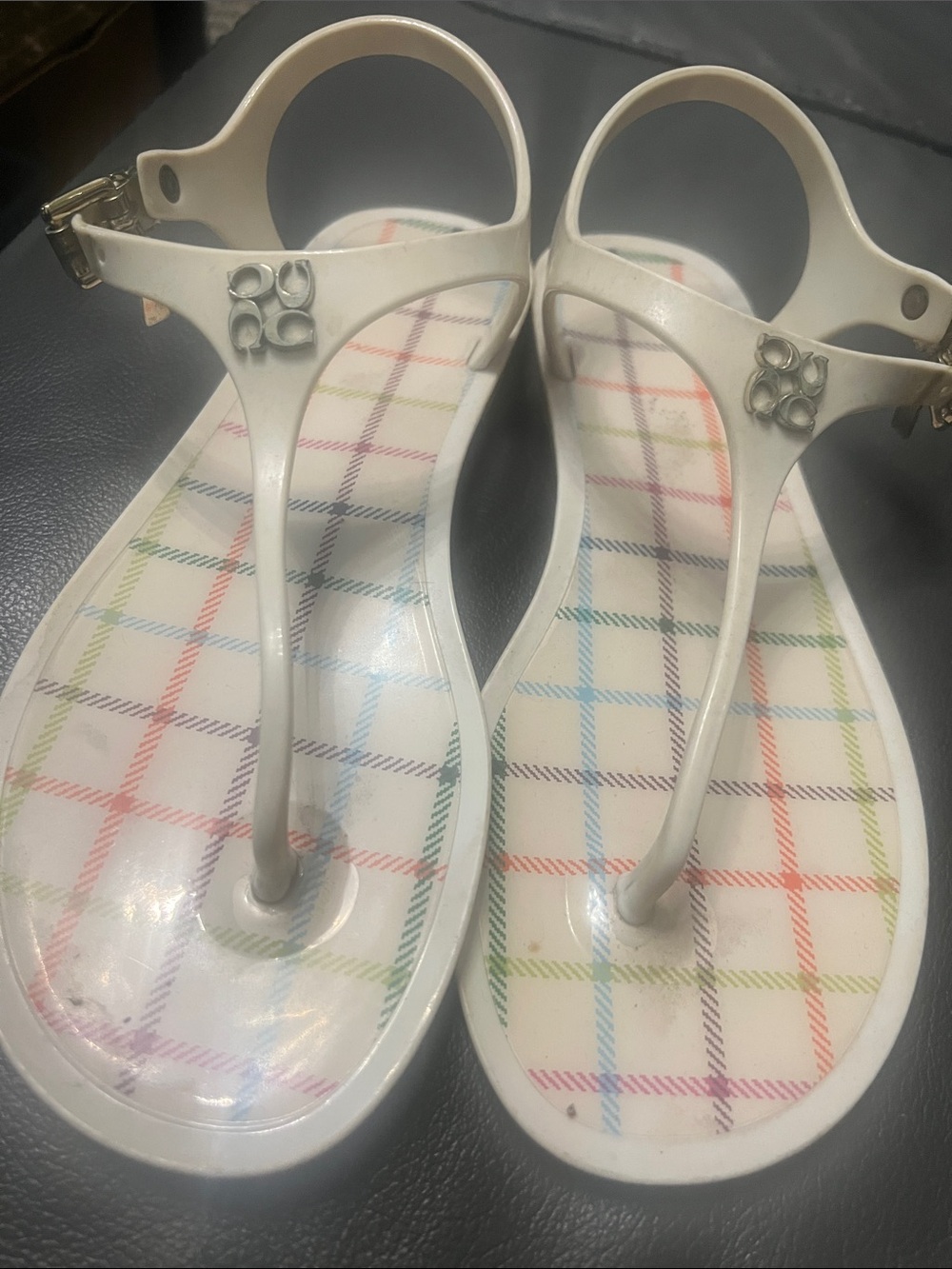 Coach White T‑Strap Sandals with Multicolor Plaid Insole